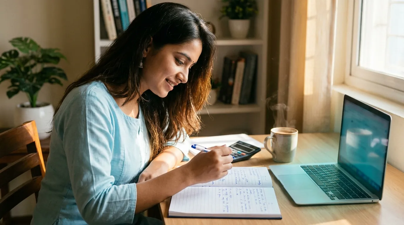 CA student reviewing AI-evaluated answer on laptop, with notebook, calculator, and chai on the desk